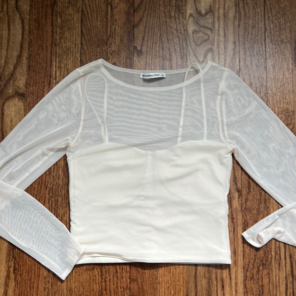 Cream mesh longsleeve top with cami